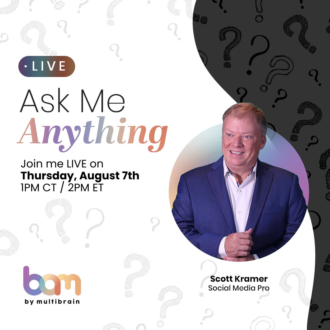 📣 It’s happening TODAY!
Scott Kramer is going live for an Ask Me Anything — and you’re invited.

Got questions about BAM, content, branding, or just want some real talk about what’s actually working on social right now? This is your shot.

🕐 1PM CT
us02web.zoom.us/meeting/regist…