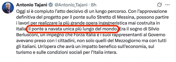 Tajani ha scritto che il #pontesullostretto sarà "il ponte a navata unica più lungo del mondo".
Nelle ore di basso traffico ci si potrà dire la messa e celebrare battesimi, matrimoni e funerali.