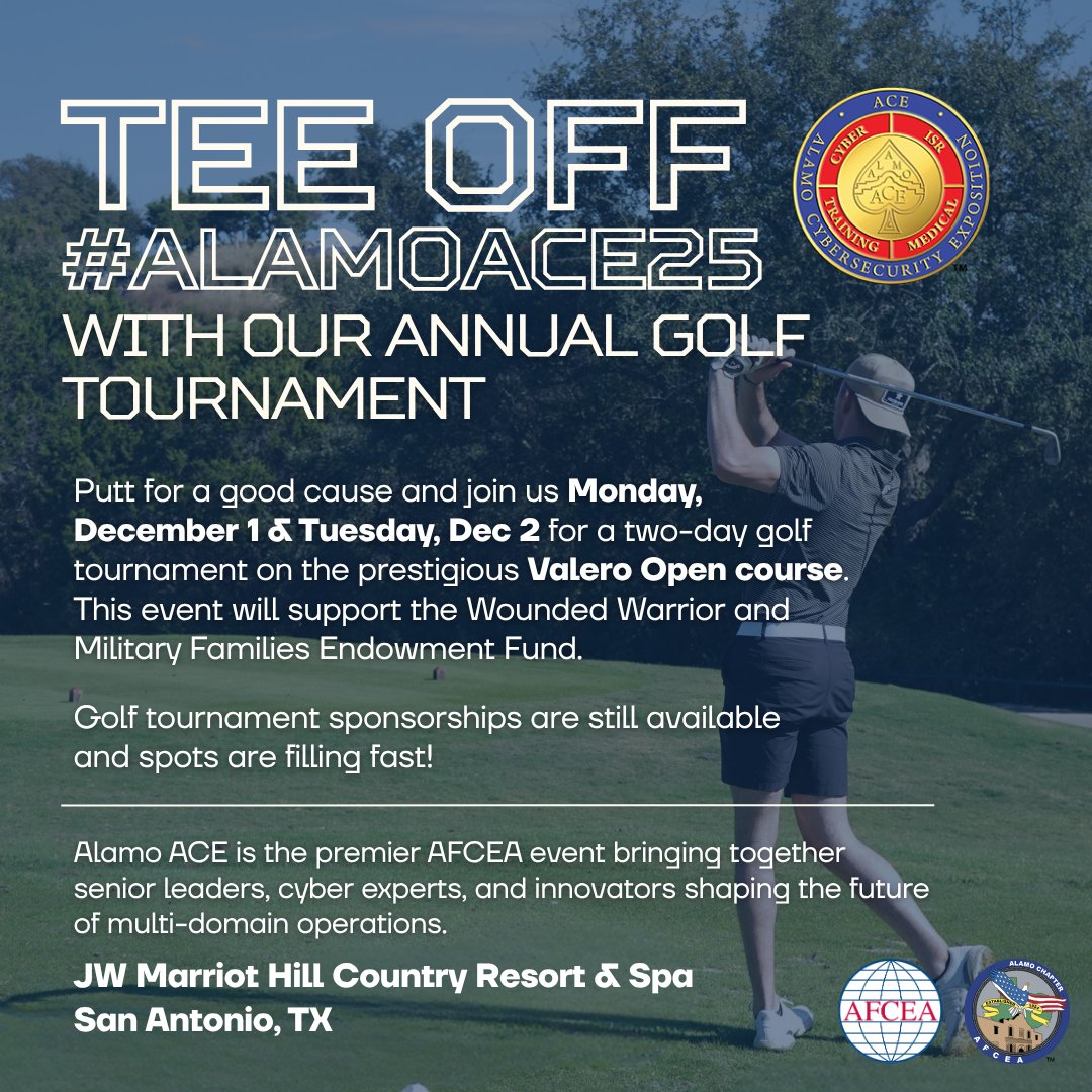 Swing into #AlamoACE25 for our annual golf tournament benefiting the Wounded Warrior &amp; Military Families Endowment Fund! ⛳️
Dec 1 &amp; 2 | The Oaks &amp; The Canyons Courses

Sponsorships still available!
Join 4,000+ leaders at the top cyber event of the year!

alamoafcea.org/mpage/2025home