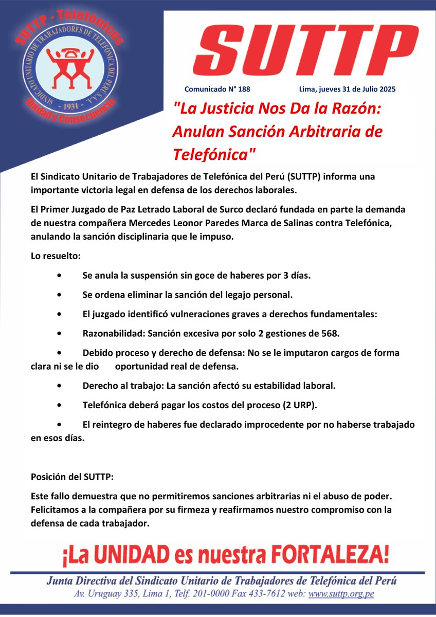 Desde el Suttp, la justicia nos da la razón una vez mas compañeros ✊👍👏💪