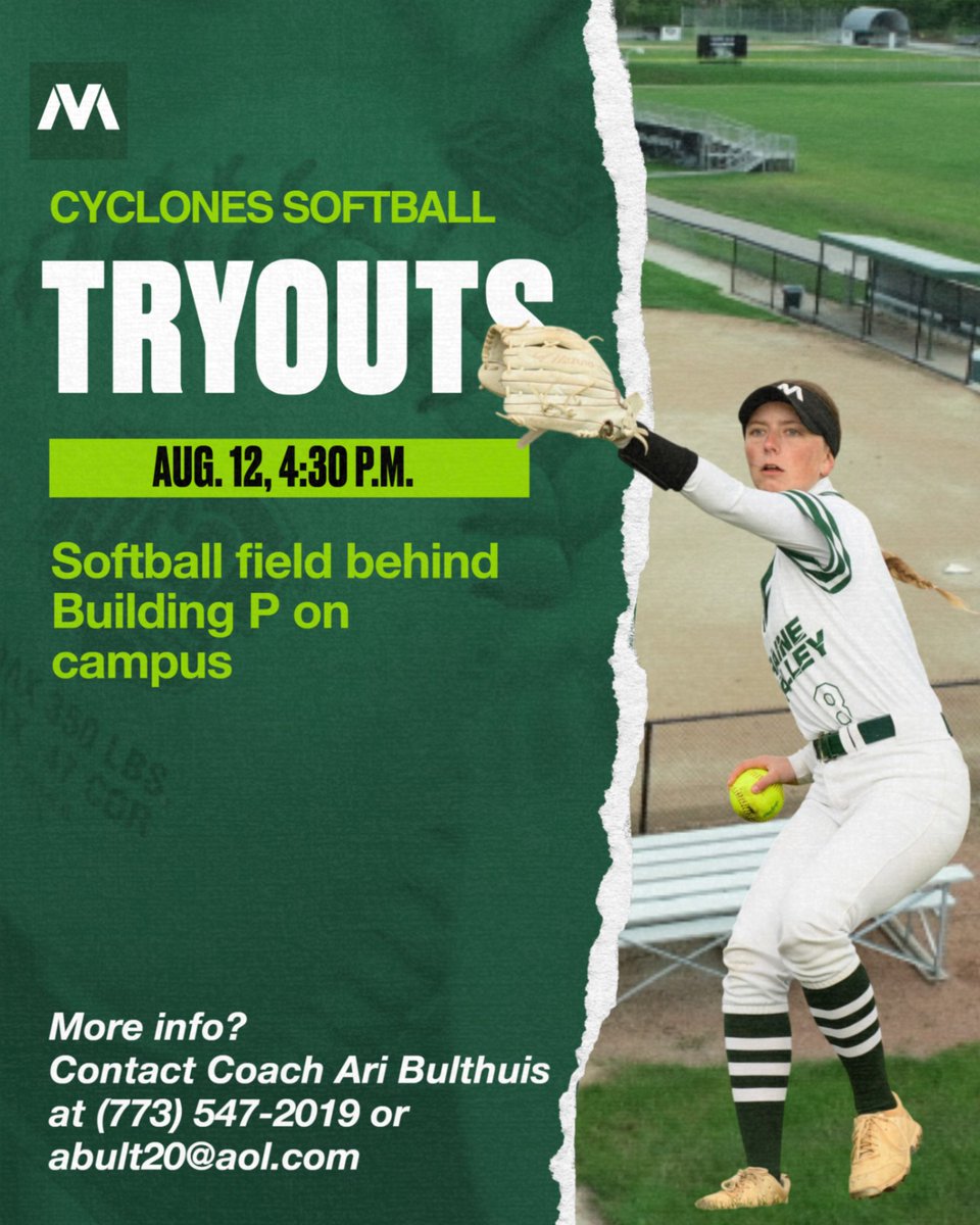 FYI, we’ve got #softball <a href="/SoftballMvcc/">MVCC SOFTBALL</a> tryouts on Tuesday!! All full-time Moraine Valley students are eligible. #GoCyclones #mvcyclones 🌪️🥎💚