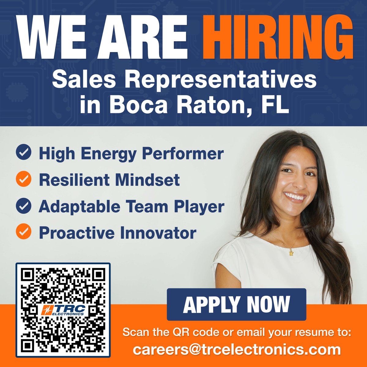 We are looking for Sales Representatives in our Boca Raton, FL office! 🌟

At TRC, we are committed to helping you achieve your goals and transform your career!

If this position interests you, send your resume to careers@trcelectronics.com