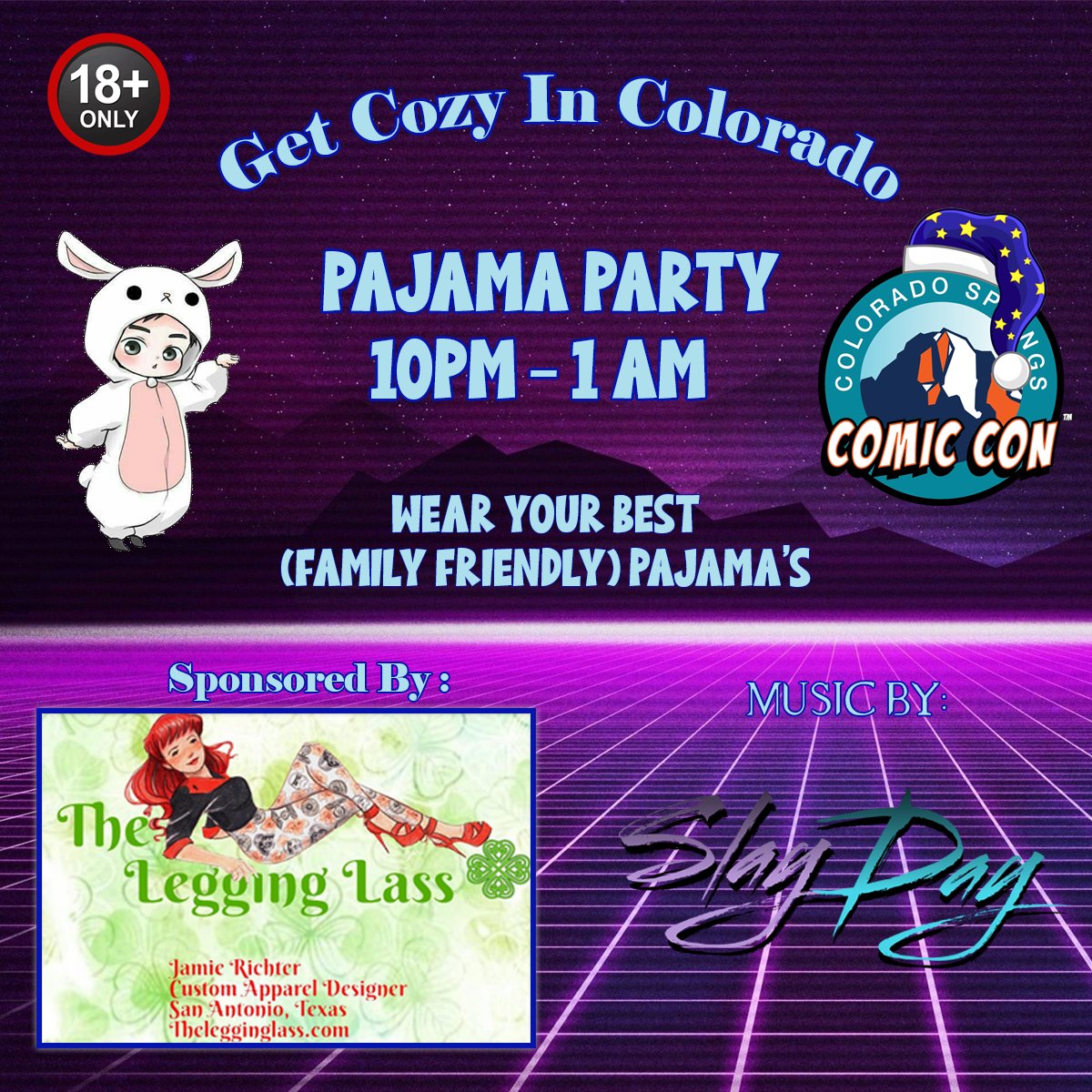 cscomiccon's tweet photo. Are you ready to party at #CSCC2025 After Party? Sponsored by #thelegginglass, we're having a family friendly PAJAMA PARTY! Wear your best pajamas or stop by The Legging Lass table right at the party to get a new pair! Music provided by #SlayDay!
Here's the deets:
Colorado Springs Marriott on Saturday August 16th from 10 pm to 1 am! 18+ only please! Buy tickets at https://t.co/eLp1z2k6HJ