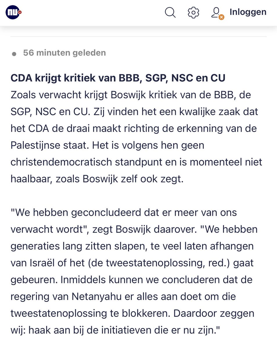 Beste <a href="/DerkBoswijk/">Derk Boswijk</a>, denk je nu echt dat de burgers in #Gaza ook maar iets geholpen worden als NL een Palestijnse staat erkent? Integendeel. Hamas zal erkenning als zijn verdienste beschouwen. Dat verlengt slechts de oorlog en dus het lijden. 
Op dit moment zijn vooral meer