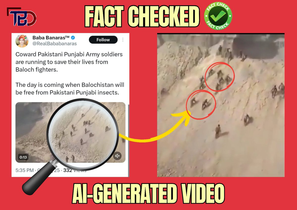 🚨 Misinformation Alert – Exposed

‼️ Another desperate attempt by Hindutva propaganda machinery fails miserably!

‼️A RAW-sponsored handle, @BabaBanaras, today shared a digitally doctored video claiming Pakistani soldiers were fleeing from Baloch fighters.

🔍 Reality Check: