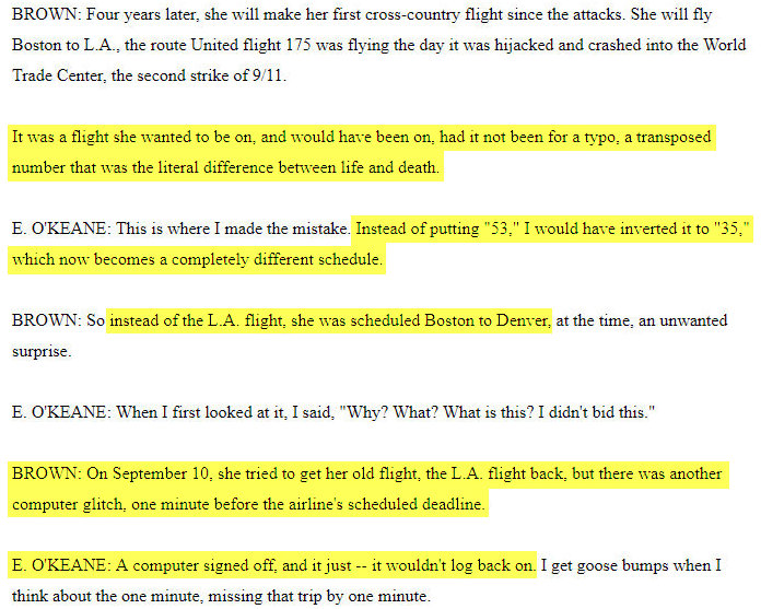 Was someone controlling which flight attendants would be on the hijacked flights on 9/11? When Elise O'Kane tried to get on Flight 175, which she "would have been on, had it not been for a typo," the computer signed off and "it wouldn't log back on" - transcripts.cnn.com/show/cp/date/2…