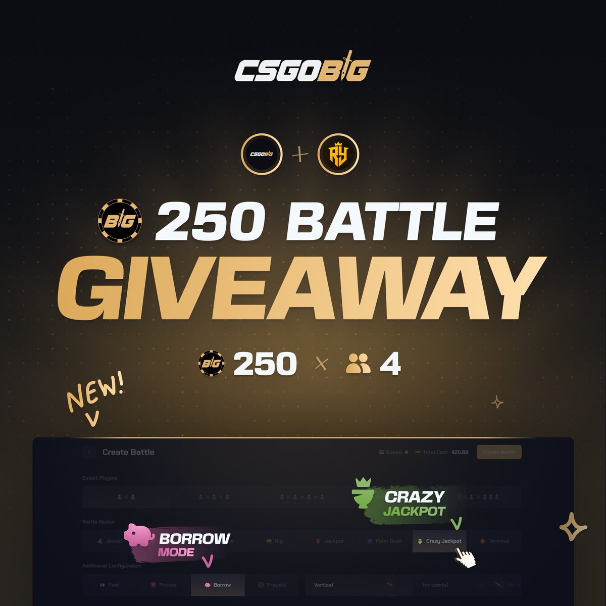 ⭐️$250 BATTLE GIVEAWAY!

CSGOBIG just dropped 2 new modes, to celebrate we're giving away a 250 credit battle available to 4 winners!

How to join:
💛 Follow <a href="/RYCSx/">RY</a> &amp; <a href="/csgobig/">CSGOBig.com</a> 
🔁 Like &amp; Retweet
💭 Reply with your CSGOBIG ID

Ends in 7 days!
