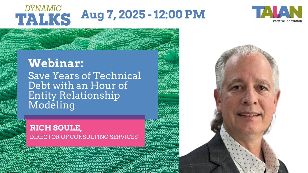 TalanOracleTech's tweet image. Learn how better data modelling can save you from years of tech debt. Join us for today&apos;s webinar with Rich Soule.

Don’t miss it  - Today @ 12 PM ET

#DataModeling #TechDebt #orclapex  @richsoule

createch.zoom.us/webinar/regist…