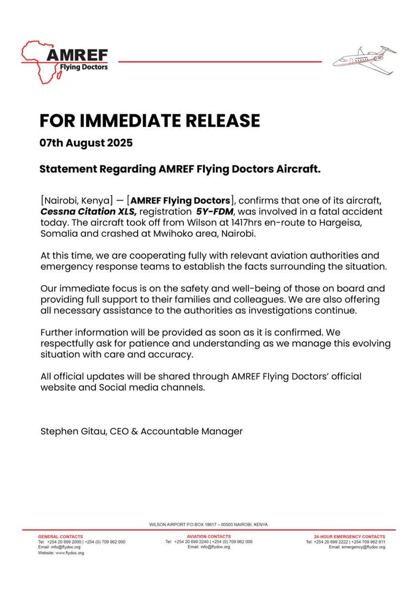 WillyLusige's tweet photo. Amref updatz on the Aircraft Crash https://t.co/lj1jW3MKlu