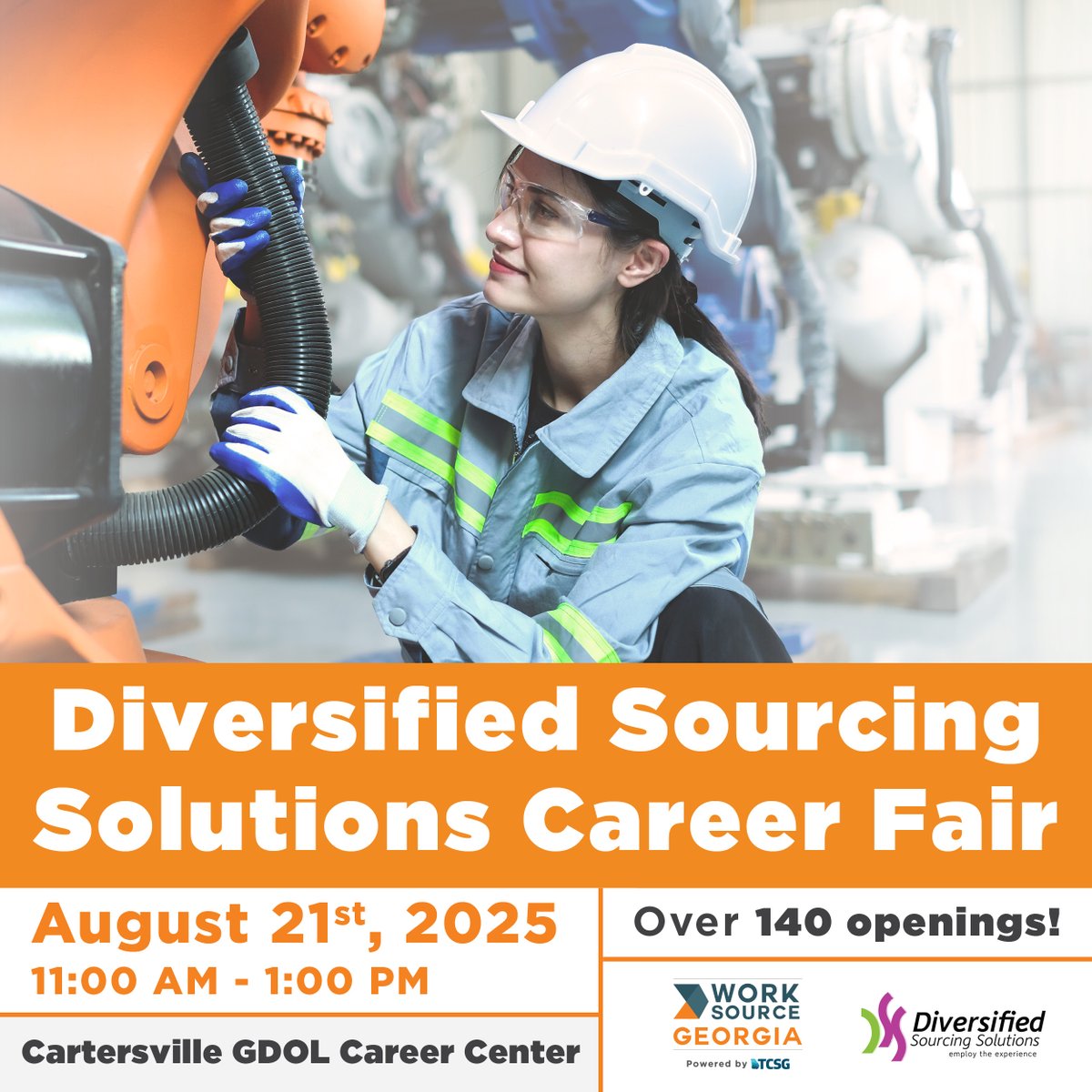 WorkSourceGA's tweet image. Don&apos;t miss the Diversified Sourcing Solutions Career Fair Aug 21, 11 AM - 1 PM at Cartersville GDOL Career Ctr. Over 140 openings paying $19.50 - $29.50/hour! Bring your resume!

Event: tinyurl.com/27t9l4bm
Jobs: tinyurl.com/2bt7akpe

#CartersvilleGA #JobFair #WorkSourceGA
