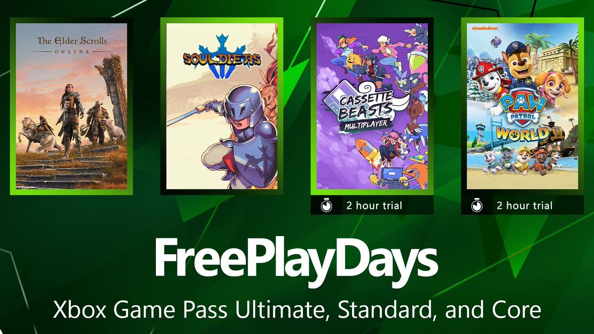 #Xbox Free Play Days hasta el 10 de agosto:

· The Elder Scrolls Online
· Souldiers
· Cassette Beasts 
· Paw Patrol World