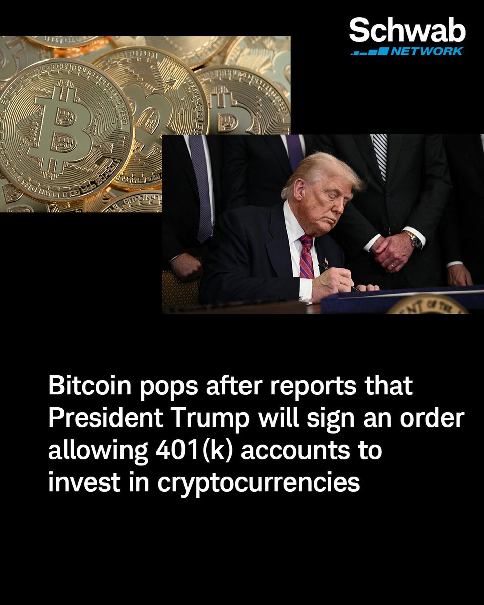 President Trump will reportedly sign an executive order allowing 401(k)  accounts to invest in alternative assets, including cryptocurrency, private  equity and real estate. Following the news, the price of bitcoin and other