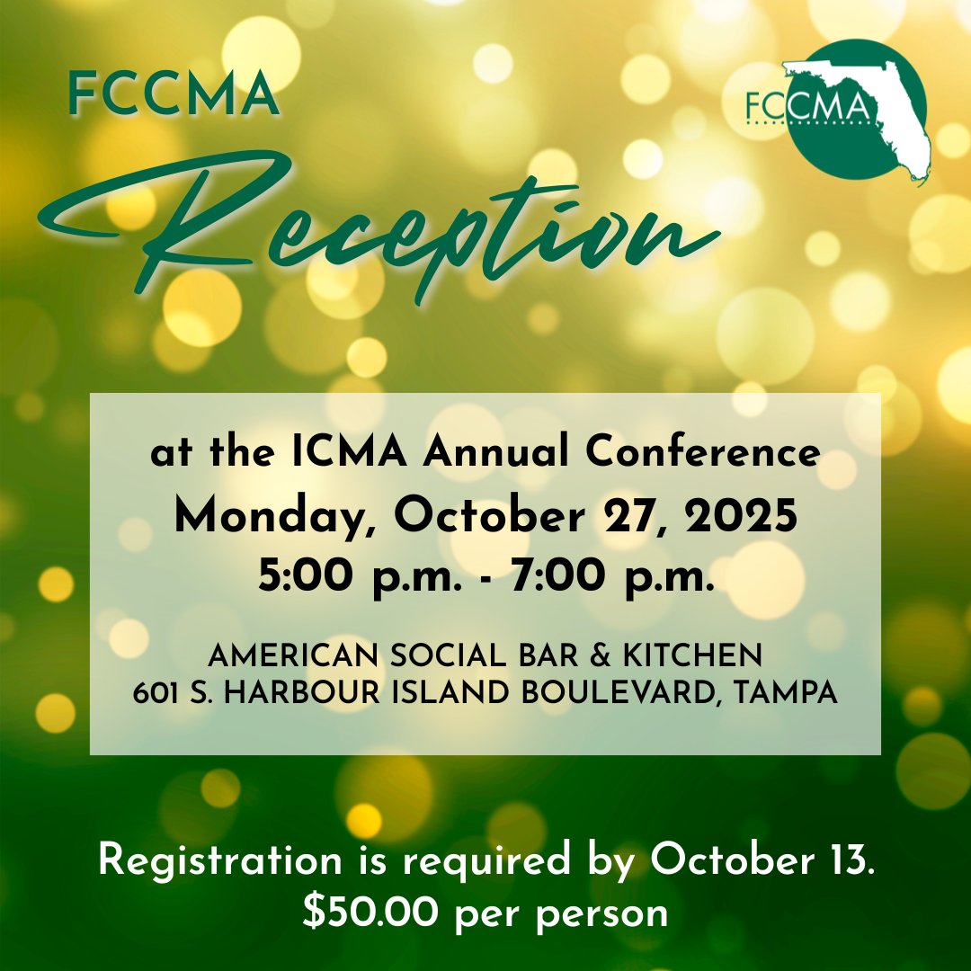FCCMA will hold a networking reception at American Social Bar &amp; Kitchen on Monday, October 27th, from 5:00 p.m. to 7:00 p.m. during the #ICMA Annual Conference. Register now at bit.ly/3HeBZUC.