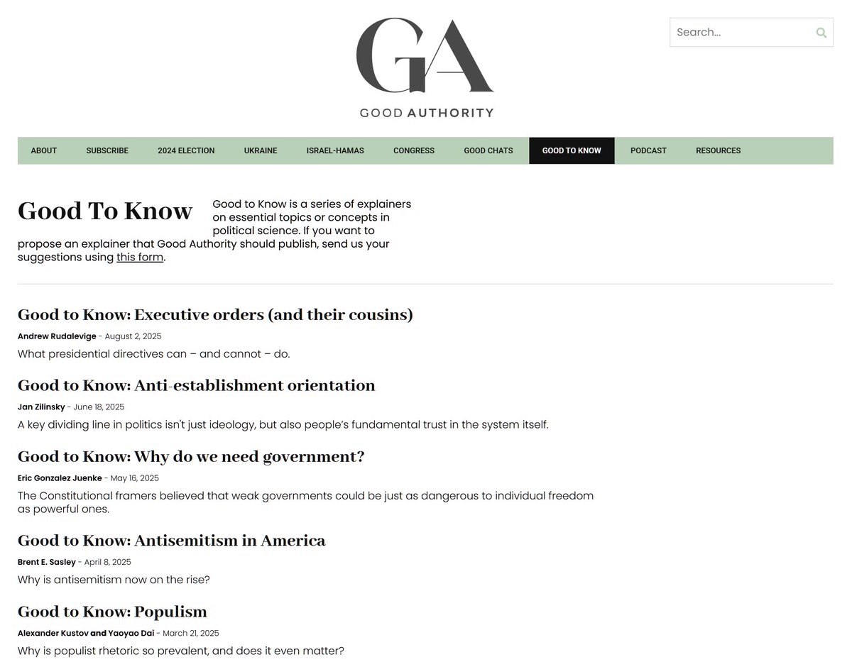 PSA: For anyone looking to learn more about politics, or for teaching folks still tweaking their syllabus for the semester -- <a href="/goodauth/">Good Authority</a>'s "Good to Know" is probably the best explainer series in town.