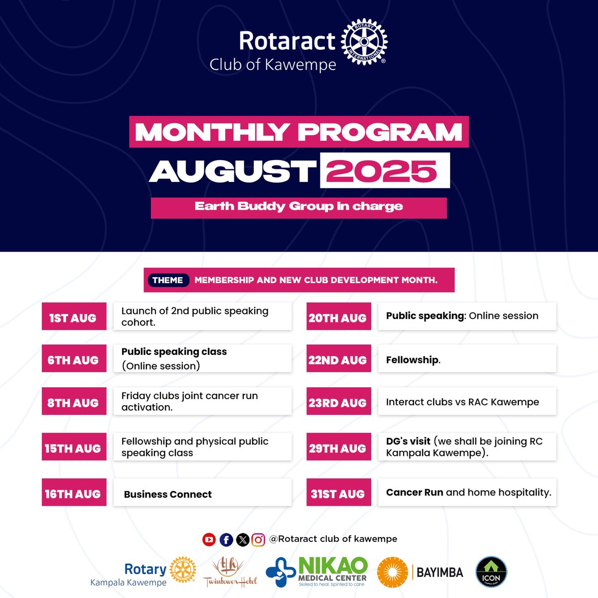 RctKawempe's tweet image. Here’s what’s coming up this month! 
Get ready to engage, serve, and grow. 
#RotaractKawempe #ServiceAboveSelf #RotaractInAction