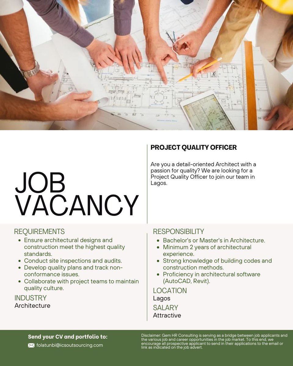 gem_hr's tweet image. 🔥Urgent Hiring: Project Quality Officer!🌟Lead and impact the Architecture Industry! Location: Lagos.💌APPLY: folatunbi@icsoutsourcing.com⏳Act fast—this opportunity won&apos;t last! 👥 Know someone ideal? Tag them! #ProjectQuality #projectquality #architecture #ProjectOfficer