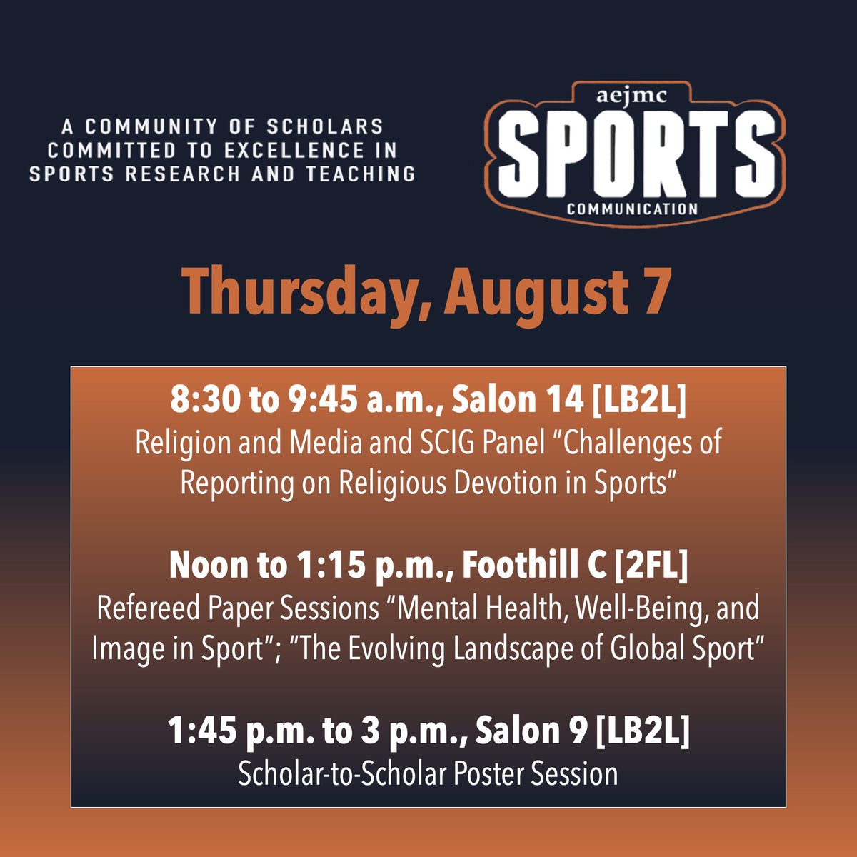 It's time for #aejmc25! Come see all the cool research that the Sports Comm Interest Group is working on. Here's Thursday's lineup. See you soon!