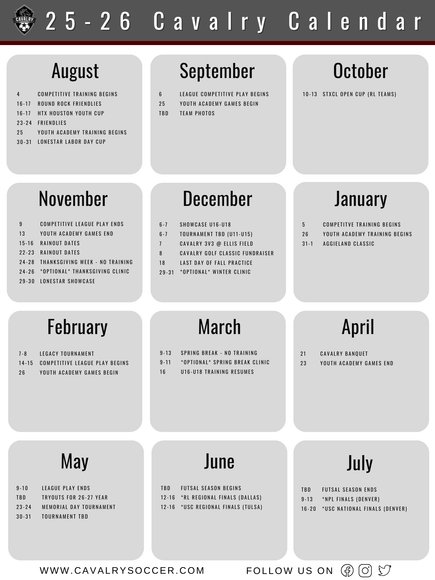 ⚽️Have you seen the calendar of events on our website? 

There is a lot of great information on the website, from uniform ordering, financial assistance, and our code of conduct ⚽️👍
#cavalryyouthsoccer