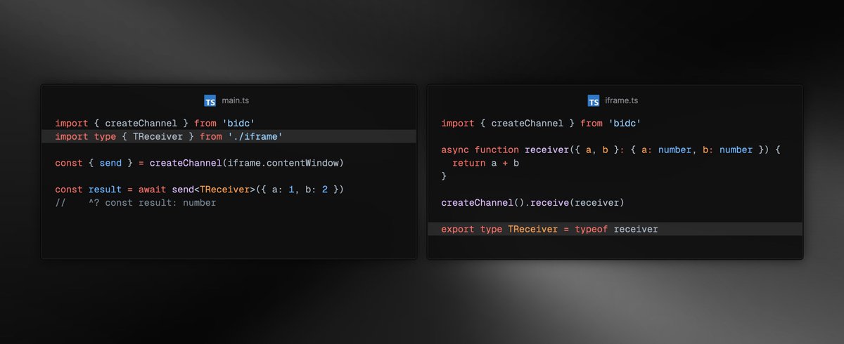 Why’s it different?

- It makes cross-context communication as simple as RPC-style function calls, that are fully typed
- And you can pass and/or return Promises and Async Functions in between