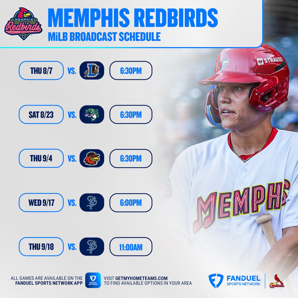 CardsPlayerDev's tweet photo. Starting tonight, FanDuel Sports Network Midwest will stream and televise five Memphis Redbirds games within the St. Louis television footprint.

Tune in tonight as JJ Wetherholt, Quinn Mathews and Jimmy Crooks lead our Triple-A squad against Durham beginning at 6:30 PM CT. https://t.co/AW7TXDthlm