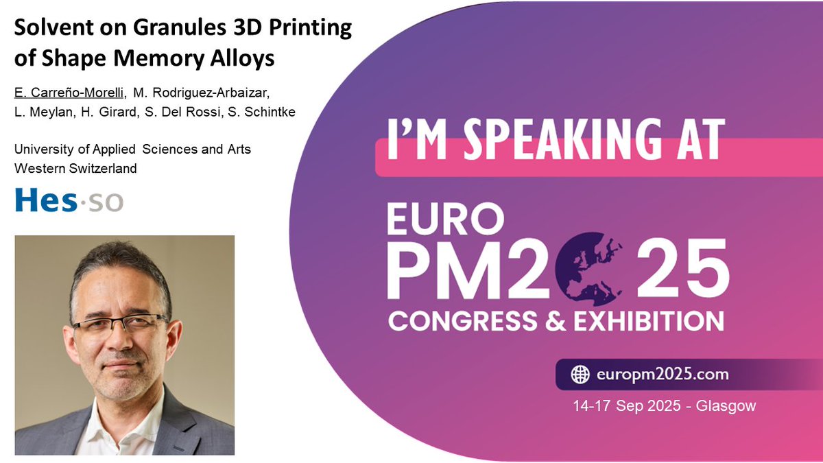 Efraín Carreño-Morelli (@carrenomorelli) on Twitter photo Glad to present our recent results on AM of Iron-based and Nickel-Titanium shape memory alloys, at the major Powder Metallurgy and Additive Manufacturing Conference in Europe.
<a href="/hes_so/">HES-SO</a> <a href="/hessovalais/">hessovalais</a> <a href="/heigvd/">HEIG-VD</a> <a href="/EuroPMAssoc/">EPMA</a> #3DPrinting #AdditiveManufacturing #EuroPM2025 Glad to present our recent results on AM of Iron-based and Nickel-Titanium shape memory alloys, at the major Powder Metallurgy and Additive Manufacturing Conference in Europe.
<a href="/hes_so/">HES-SO</a> <a href="/hessovalais/">hessovalais</a> <a href="/heigvd/">HEIG-VD</a> <a href="/EuroPMAssoc/">EPMA</a> #3DPrinting #AdditiveManufacturing #EuroPM2025