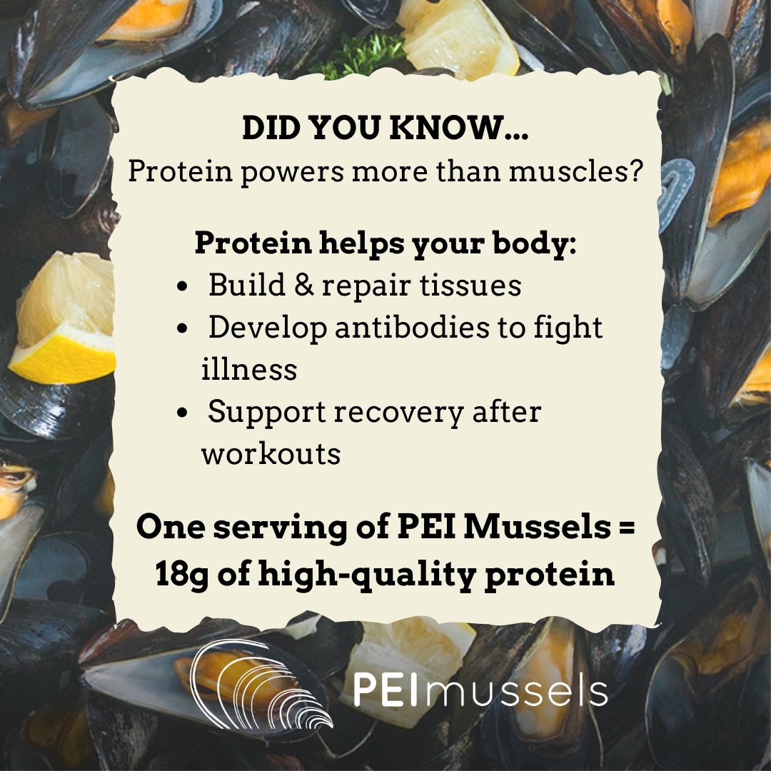 Did you know your fave mussels do more than taste amazing?

One serving of #PEIMussels packs 18g of protein—perfect for flavour and fuel! 💪🍽️

From brothy bowls to creamy pastas, indulge smarter. 

#Seafoodie #EatMoreMussels #HealthyEating