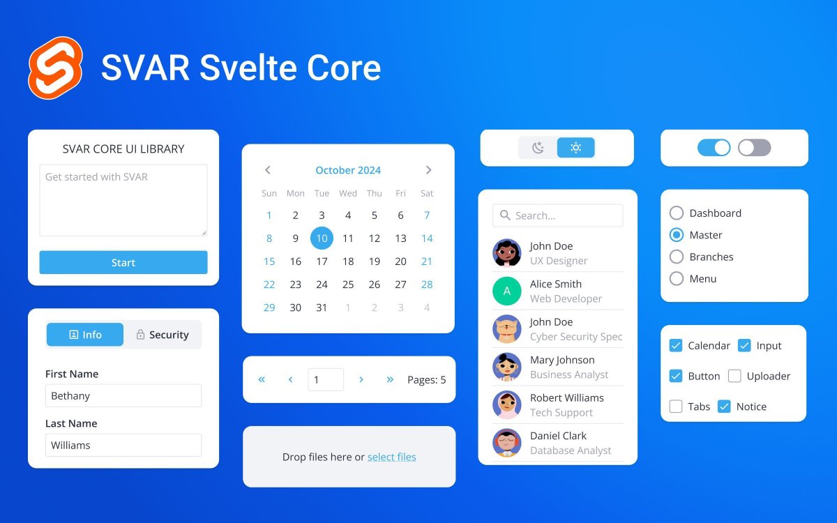 SvarWidgets's tweet image. Looking for a UI library for your #Svelte5 app? Try SVAR Svelte Core:
🔘 Form controls
🗓️ Calendar
🍿 Popups &amp;amp; notifications
🛠️ Menu &amp;amp; toolbar
💬 Comments &amp;amp; tasks

Pair it with advanced SVAR DataGrid to build complex dashboards.
🔗 svar.dev/svelte/core/
#frontend #opensource