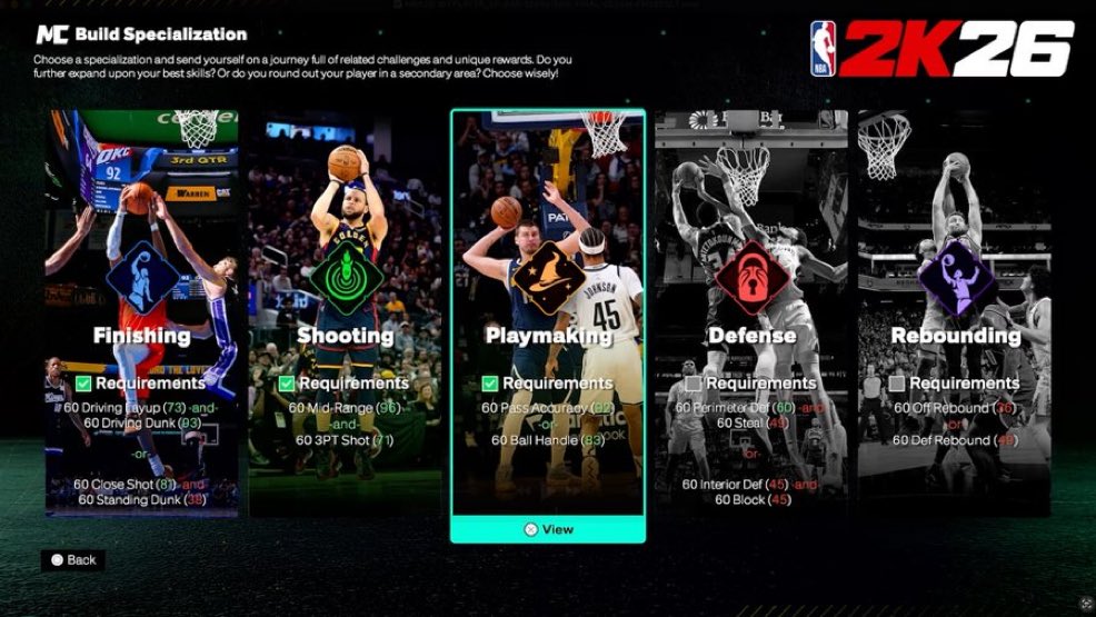 NBA2KMovement's tweet image. Build Specialization in #NBA2K26 🔥 

In 2K26, you can now specialize your MyPLAYER by choosing a skill path and completing questlines to unlock their full potential.

🎯 Choose one of five focus areas:
Finishing | Shooting | Playmaking | Defense | Rebounding

Each path includes…