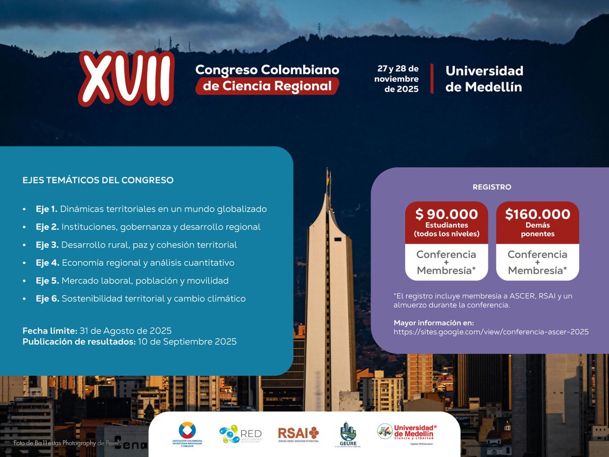 Seguimos recibiendo ponencias para participar nuestro XVII Congreso Anual, que será en la Universidad de Medellín el 27 y 28 de noviembre. Toda la información aquí: sites.google.com/view/conferenc…