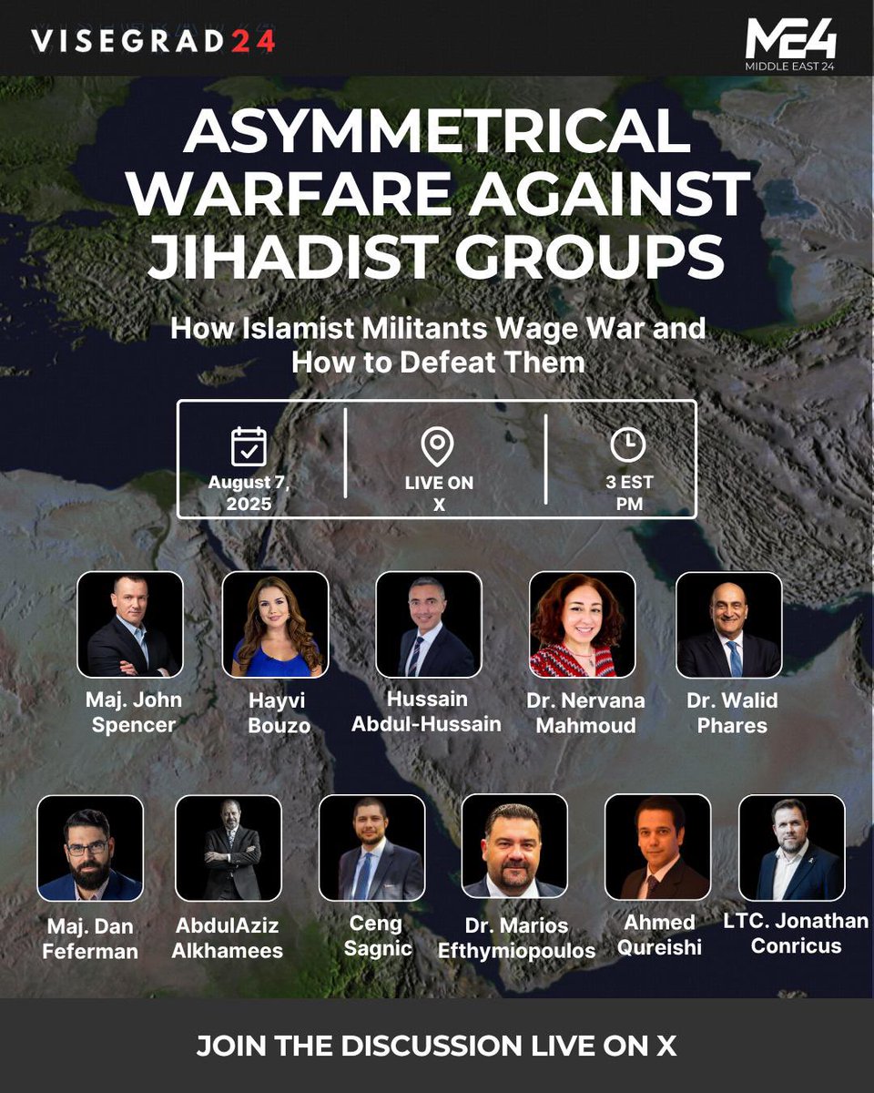 Visegrád 24 (@visegrad24) on Twitter photo Make sure to sign up for our X space with <a href="/MiddleEast_24/">ME24 - Middle East 24</a> today. We’ll be joined by:
<a href="/SpencerGuard/">John Spencer</a>
<a href="/jconricus/">Jonathan Conricus</a>
<a href="/WalidPhares/">Dr Walid Phares</a>
<a href="/DanFeferman/">Dan Feferman</a>
<a href="/hayvibouzo/">Hayvi Bouzo هيفي بوظو</a>
<a href="/alkhames/">عبد العزيز الخميس</a>
<a href="/_AhmedQuraishi/">Ahmed Quraishi</a>
<a href="/Nervana_1/">Nervana Mahmoud</a>
<a href="/hahussain/">Hussain Abdul-Hussain</a>
<a href="/cngsgnc/">Ceng Sagnic</a>
<a href="/EfthymiopoulosM/">Dr. Marios Panagiotis Efthymiopoulos</a> Make sure to sign up for our X space with <a href="/MiddleEast_24/">ME24 - Middle East 24</a> today. We’ll be joined by:
<a href="/SpencerGuard/">John Spencer</a>
<a href="/jconricus/">Jonathan Conricus</a>
<a href="/WalidPhares/">Dr Walid Phares</a>
<a href="/DanFeferman/">Dan Feferman</a>
<a href="/hayvibouzo/">Hayvi Bouzo هيفي بوظو</a>
<a href="/alkhames/">عبد العزيز الخميس</a>
<a href="/_AhmedQuraishi/">Ahmed Quraishi</a>
<a href="/Nervana_1/">Nervana Mahmoud</a>
<a href="/hahussain/">Hussain Abdul-Hussain</a>
<a href="/cngsgnc/">Ceng Sagnic</a>
<a href="/EfthymiopoulosM/">Dr. Marios Panagiotis Efthymiopoulos</a>