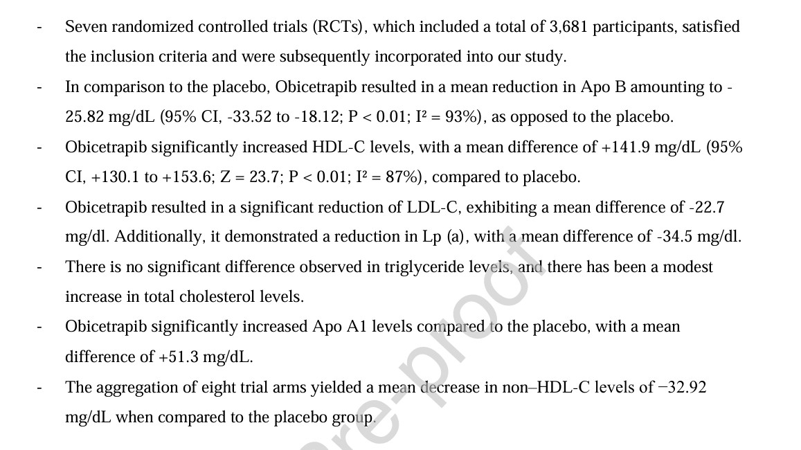 Drlipid's tweet image. Here is a thorough updated meta-analysis of the lipid-lowering efficacy of Obicetrapib:  looking at a comprehensive review of randomized controlled trials. An amazing new drug. Hard to imagine a better novel primary care drug.  lipidjournal.com/action/showPdf… @nationallipid…