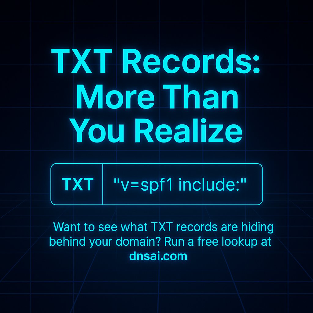 DNSai_app's tweet image. TXT records might not get much attention, but they’re foundational to how modern domains operate.

They help verify domain ownership, support email authentication protocols like SPF, DKIM, and DMARC, and serve as a flexible way to store important metadata. If you’ve ever…
