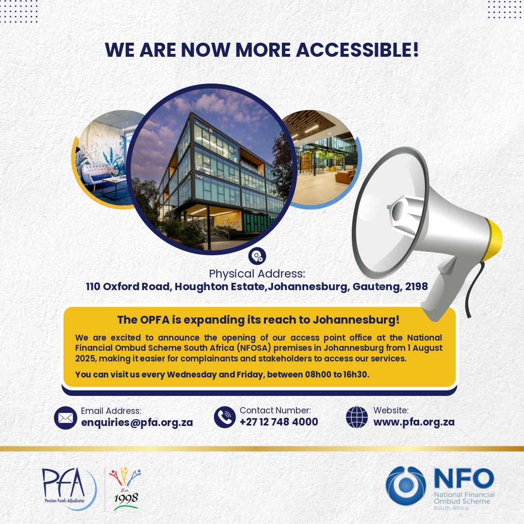 📍We are now more accessible!

We are excited to announce the opening of our access point office at the <a href="/NFO_Ombud/">National Financial Ombud Scheme South Africa (NFO)</a> premises in Johannesburg. You can visit us every Wednesday and Friday, between 08h00 to 16h30. 

For more information, visit: ow.ly/KlEx50WxX4N

#OPFA #NFO
