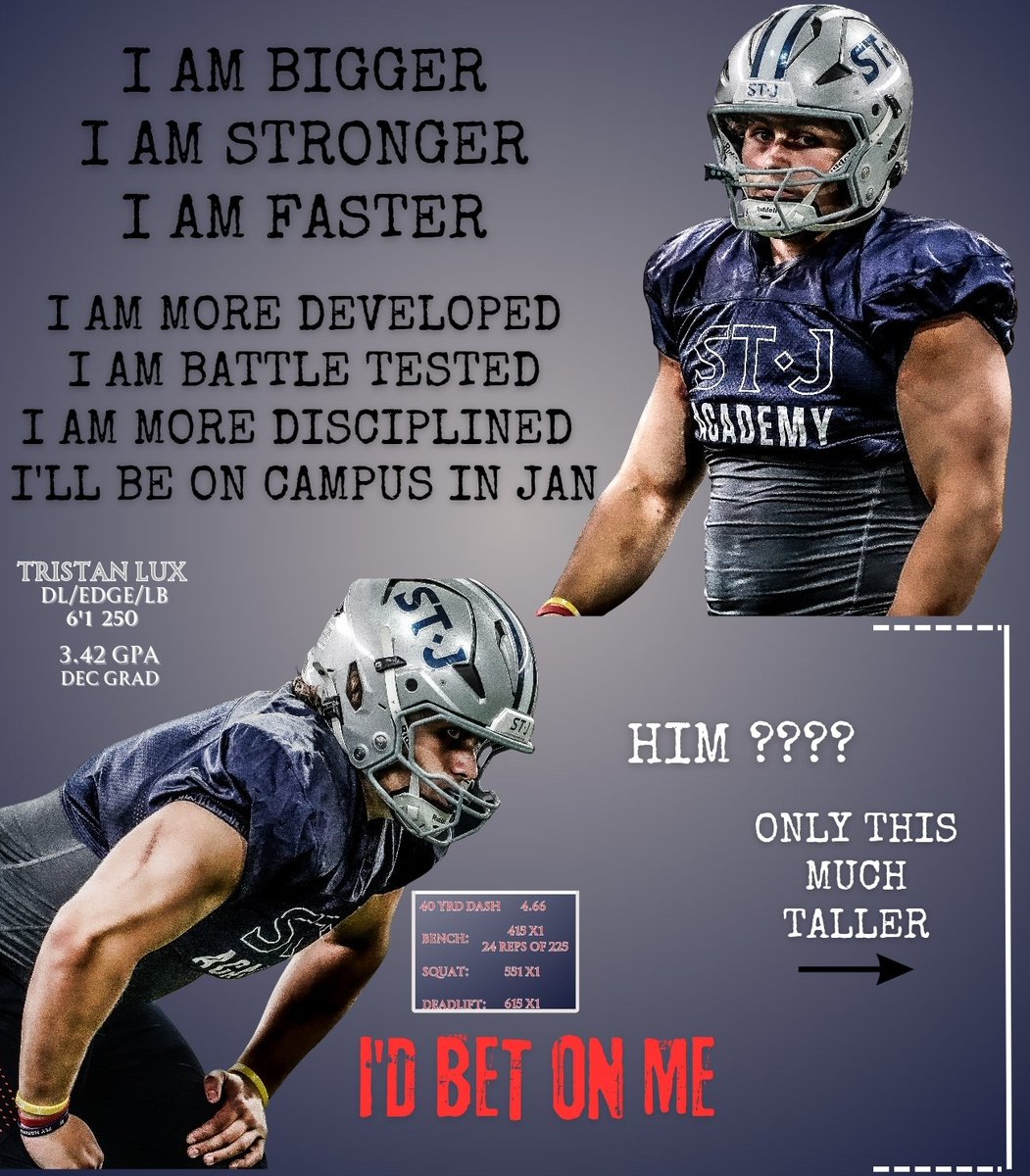 TristanLux1's tweet image. Just Facts.......

I play(ed) vs the best like the IMG, Saint Frances, HUN School, First Academy, McDonogh, DeMatha, Clarkson North, Riverdale Baptist

I battle vs ⭐️ FBS OLINE guys twice a day.  I have film. I have the GPA. I am ready.  

To those who believe in me:
THANK YOU