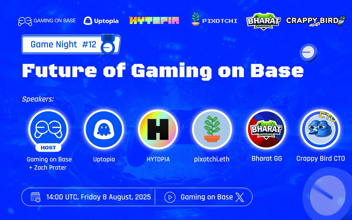 Gaming on Base (@gamingonbase) on Twitter photo ๐ฎ Gaming Night on Base #12
๐จ Tomorrow, Fri 8 at 14:00 UTC ๐จ
Weโre kicking off the #12 community call to explore the future of gaming on <a href="/base/">Base</a> ๐ฆ
With speakers from <a href="/Uptopia_xyz/">Uptopia๐ชผ๐น๏ธ</a>, <a href="/HYTOPIAgg/">HYTOPIA</a>, <a href="/pixotchi/">pixotchi.eth</a>, <a href="/BharatGGio/">Bharat GG</a> and <a href="/CrappyBirdBase/">Crappy Bird CTO</a>
Hosted by: <a href="/GamingOnBase/">Gaming on Base</a> <a href="/ZacPrater/">๐ฆ Zach Prater ๐ฆ</a>
๐ Set ๐ฎ Gaming Night on Base #12
๐จ Tomorrow, Fri 8 at 14:00 UTC ๐จ
Weโre kicking off the #12 community call to explore the future of gaming on <a href="/base/">Base</a> ๐ฆ
With speakers from <a href="/Uptopia_xyz/">Uptopia๐ชผ๐น๏ธ</a>, <a href="/HYTOPIAgg/">HYTOPIA</a>, <a href="/pixotchi/">pixotchi.eth</a>, <a href="/BharatGGio/">Bharat GG</a> and <a href="/CrappyBirdBase/">Crappy Bird CTO</a>
Hosted by: <a href="/GamingOnBase/">Gaming on Base</a> <a href="/ZacPrater/">๐ฆ Zach Prater ๐ฆ</a>
๐ Set