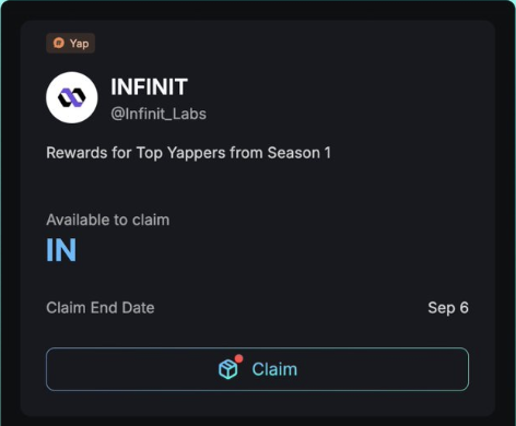 Aaron_QBX's tweet photo. 🔥 Top Yappers, it's time! IN rewards are now claimable on Infinit — don’t miss out before Sep 6! 🚀💎 @KaitoAI  @Infinit_Labs https://t.co/QernM8yHT3