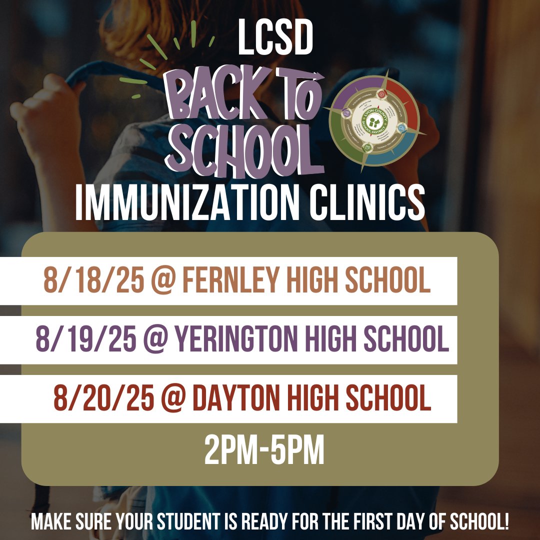 lyoncsd's tweet image. 🎒 Back‑to‑School Immunization Clinics! 🌟

For more information click here: secure.smore.com/n/tzx54 or visit the link in our bio.

#LCSD #BackToSchool  #LyonCSD #Nevada #Immunizations