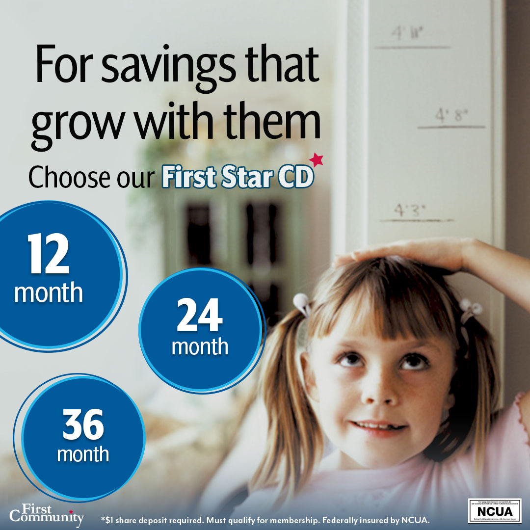Growing family? First Community can help you set your child up for success with our First Star Certificate of Deposit. Our three term options ensure you can find the right fit for your child. qr2.mobi/FCCD