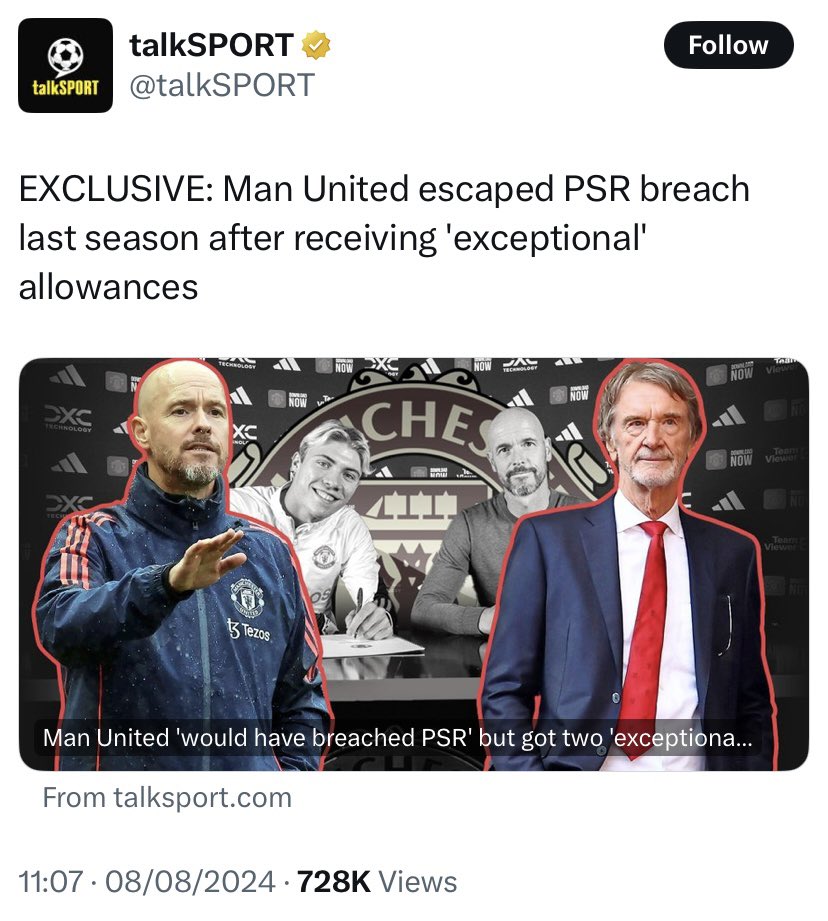 PSR protects Manchester United above everyone else in the Premier League

Huge spenders like Liverpool, Chelsea and Manchester City all sell players to balance their books, while Man Utd continue to spend frivolously

▪️United have a 5 years net spend of minus €844m

▪️In 2024,