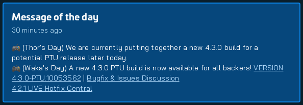 🚨 New MOTD Detected:

🎮 (Thor's Day) We are currently putting together a new 4.3.0 build for a potential PTU release later today.