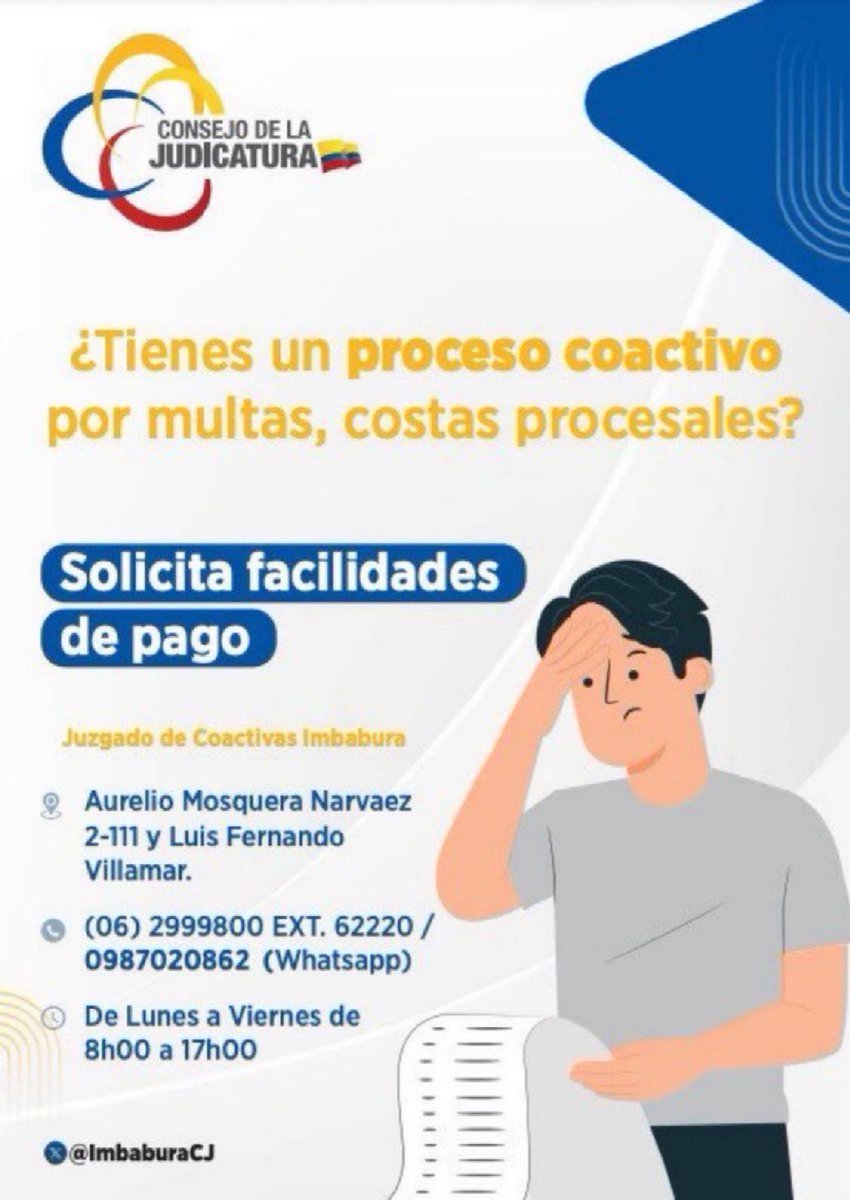 ⚖️ Te recordamos que si tienes un proceso coactivo por multas o costas procesales, puedes solicitar facilidades de pago en el Juzgado de Coactivas de Imbabura. Aquí los detalles ⬇️