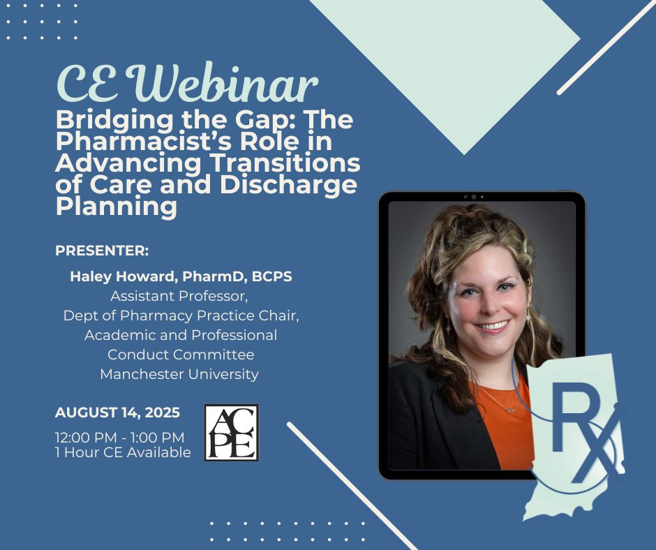 Next Thursday, August 14, presenter Haley Howard will present "Bridging the Gap: The Pharmacist’s Role in Advancing Transitions of Care and Discharge Planning." One hour CE will be available as well! Come join IPA and register here! tinyurl.com/3p37v25c