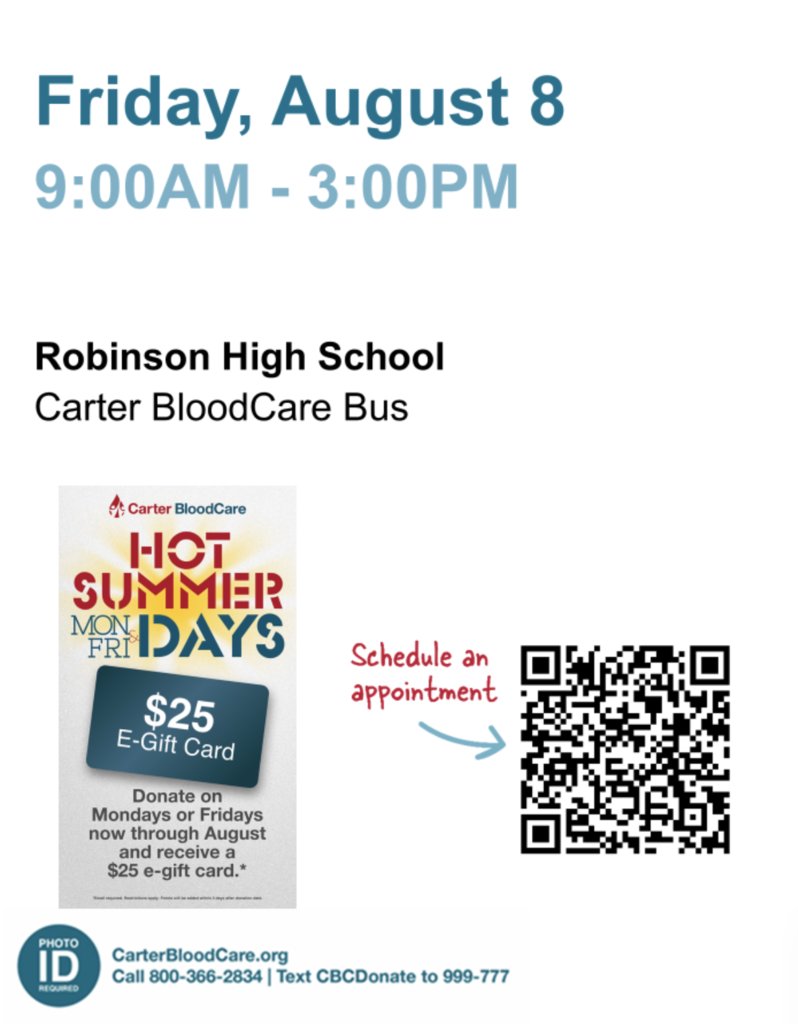 HOSA is hosting a blood drive on 8/8 in front of the high school from 8:30am - 3:00pm.  Donors will receive a really cute tote bag and a $25 e-gift card courtesy of Carter BloodCare! Our goal is 25+ donors and the drive is open to all community members! Please join us!