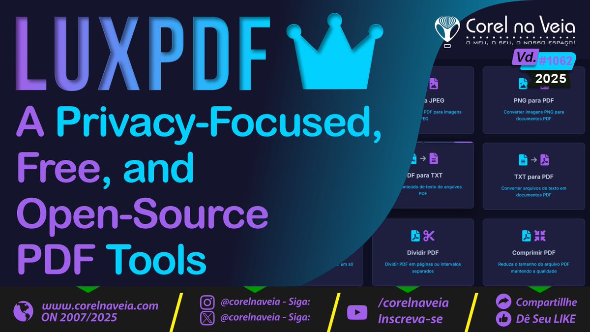 CorelnaVeia's tweet image. 🔒 LuxPDF: Ferramentas de Conversão de PDF Focadas em Privacidade Hoje às 13:00 h no canal! 📺 youtu.be/qz7fe-4TqjM
Conheça o LuxPDF: gratuito, open-source e 100% local.
Nada de subir seus arquivos! 🧠💻
#PDF #LuxPDF #Privacidade #CódigoAberto #CorelNaVeia