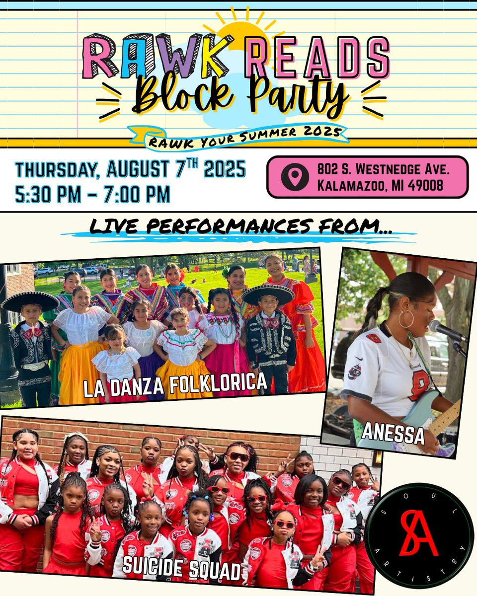 ReadWriteKzoo's tweet image. Join us this evening, August 7th, from 5:30PM–7:00PM at our annual RAWK Reads Block Party and celebrate our creative youth in Kalamazoo. 

We're excited to feature local youth artists including La Danza Folklorica, Suicide Squad, and Anessa!