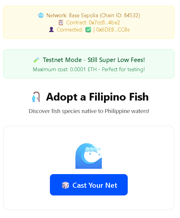 JazzMichaelNase's tweet photo. Building "Dagat na" 🐟 - Filipino fish adoption game on Base:
✨ Adopt PH fish as NFTs
🎣 Feed & level up
🌊 Try: https://t.co/SMeAI306G9
💻 Code: https://t.co/P9JTSrTizH
Proving simplicity beats complexity! 🇵🇭
@base @basepilipinas
#BasePilipinas https://t.co/VTlIPlMC0d