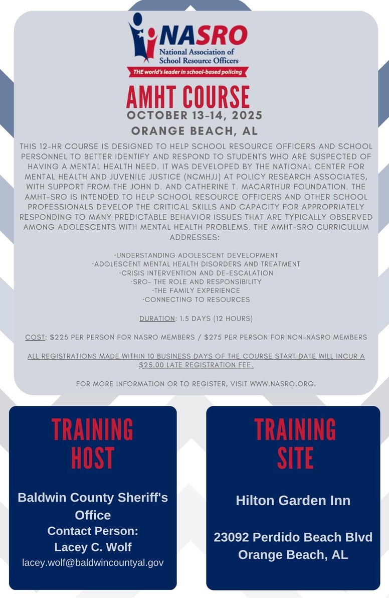 TRAINING ALERT!! 🚨 

<a href="/NASRO_Info/">NASRO</a> <a href="/AlabamaAchieves/">Alabama State Department of Education</a> <a href="/SteveMarshallAL/">Steve Marshall</a> <a href="/orangebeachpd/">Orange Beach Police Department</a> <a href="/cityorangebeach/">City of Orange Beach</a>