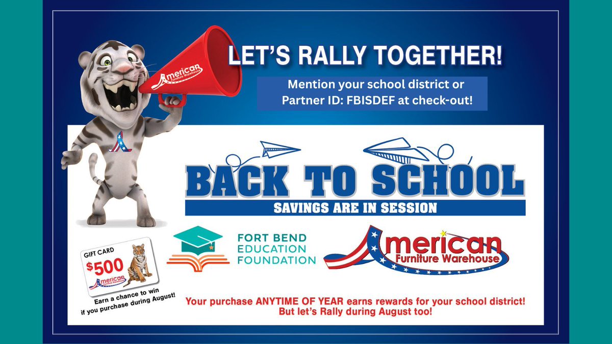 Join our AFW Back to School Rally throughout August and help maximize our yearly donation from AFW! Use partner ID: FBISDEF when making purchases and earn a chance to win a $500 AFW gift card! Shop today instore or online at afw.com. #fbeffbisd