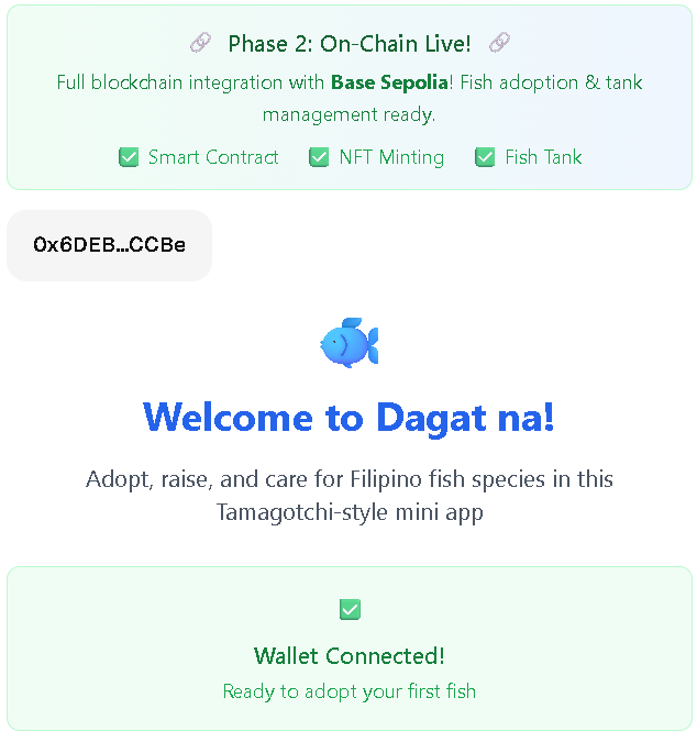 JazzMichaelNase's tweet photo. Building "Dagat na" 🐟 - Filipino fish adoption game on Base:
✨ Adopt PH fish as NFTs
🎣 Feed & level up
🌊 Try: https://t.co/SMeAI306G9
💻 Code: https://t.co/P9JTSrTizH
Proving simplicity beats complexity! 🇵🇭
@base @basepilipinas
#BasePilipinas https://t.co/VTlIPlMC0d