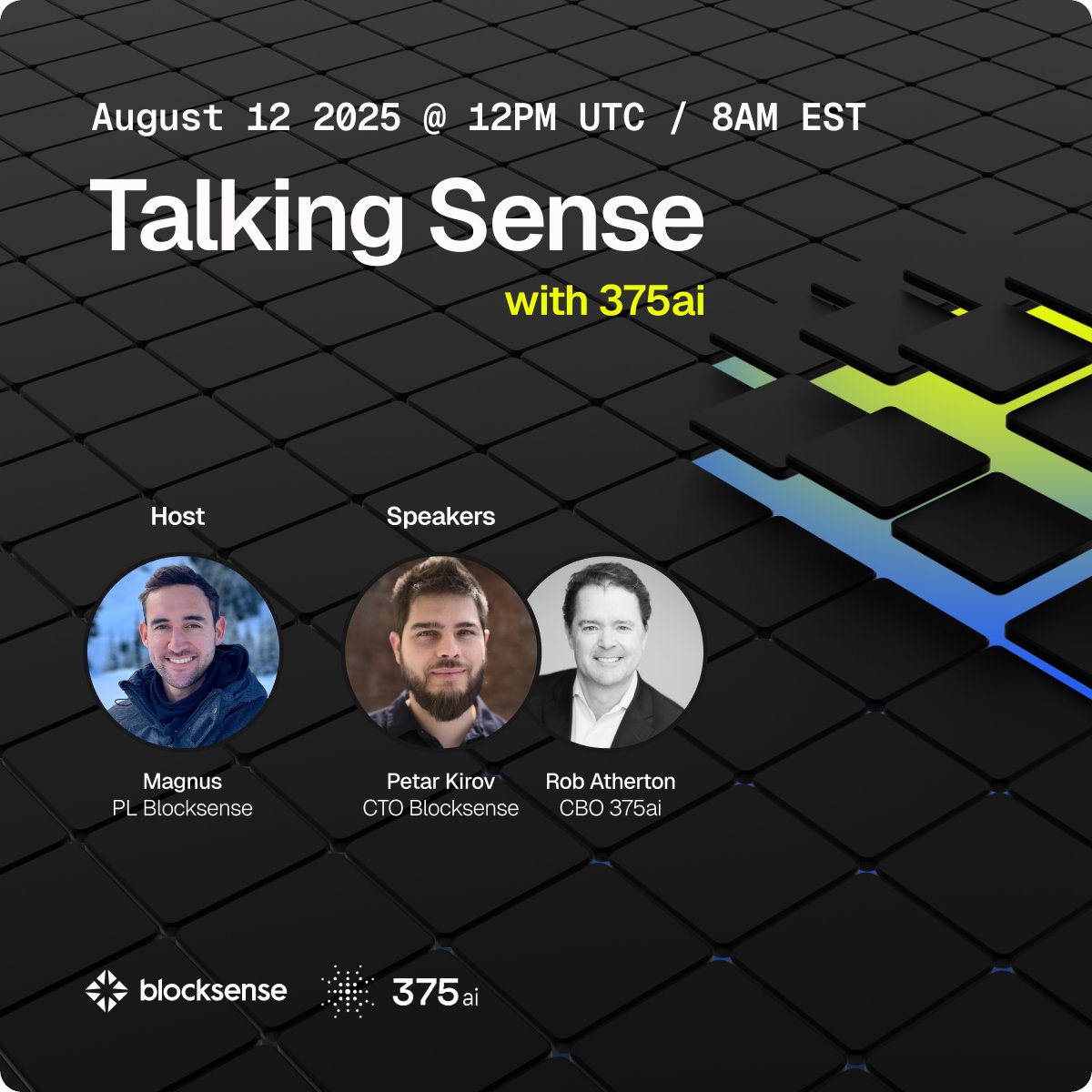 🎙️Join us for Talking Sense with our CTO <a href="/zombinedev/">Petar Kirov 🏴‍☠️</a> and <a href="/robatherton_4/">Rob Atherton</a> from <a href="/375ai_/">375ai</a>!

We’ll dive into the intersection of DePIN and oracles, why verifiable data matters, and how both networks are shaping the real-world data layer. 

Set a reminder 👇
